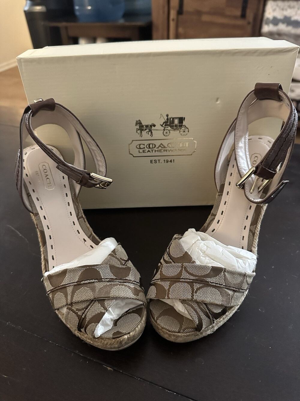 Coach Womens Wedge Sandals Leather Logo Brown/Beige Ankle Strap Buckle 9M Q1108